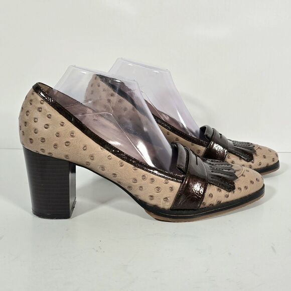 Pilar Abril Ostrich Leather Block Heel Shoes‎ EU 40 US 9.5 Tan Brown Tassels - Picture 6 of 12